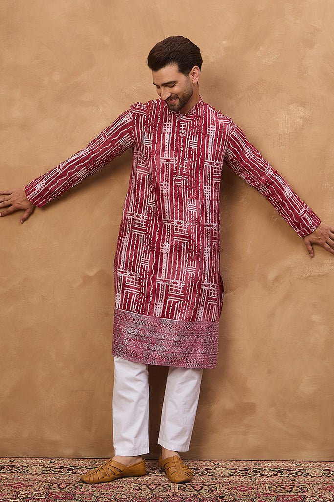Red Viscose Rayon Batik Embroidered Straight Kurta MKU1499