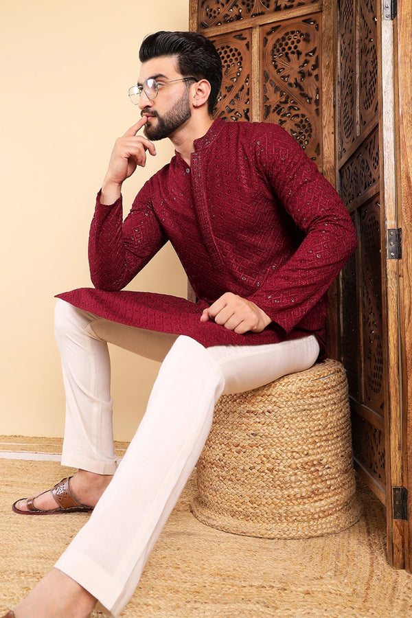 Maroon Viscose Rayon Solid Embroidered Straight Kurta For Men MKU1007MRN