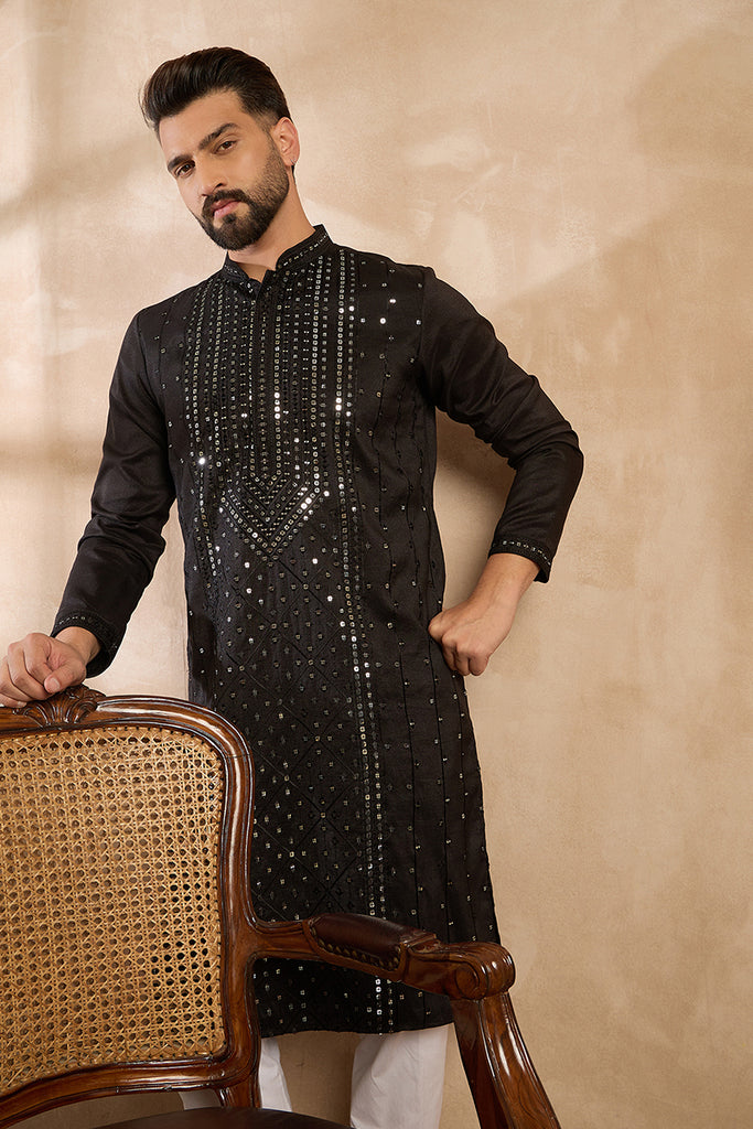 Black Silk Blend Geometric Embroidered Straight Kurta With Trouser MKSET1689