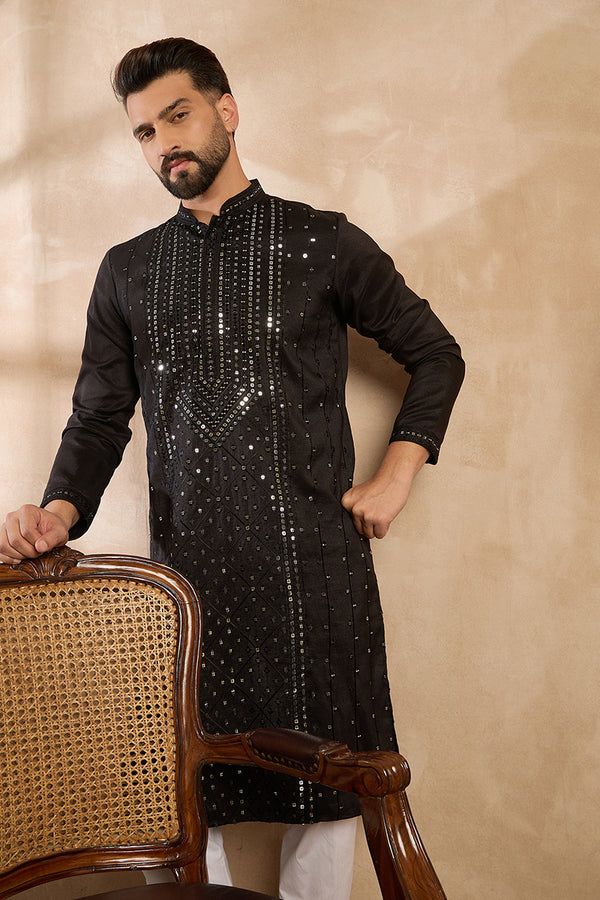 Black Silk Blend Geometric Embroidered Straight Kurta With Trouser MKSET1689