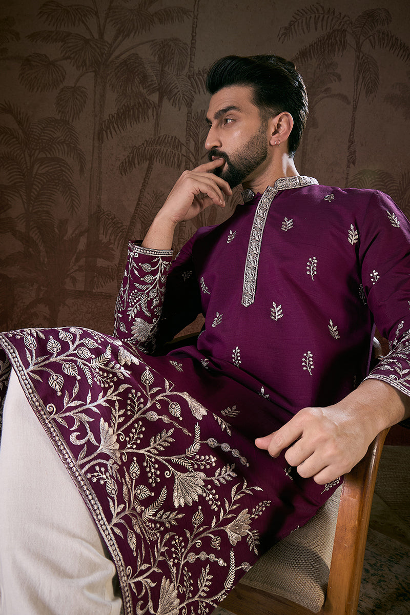 Purple Silk Blend Solid Embroidered Straight Kurta MKU1944