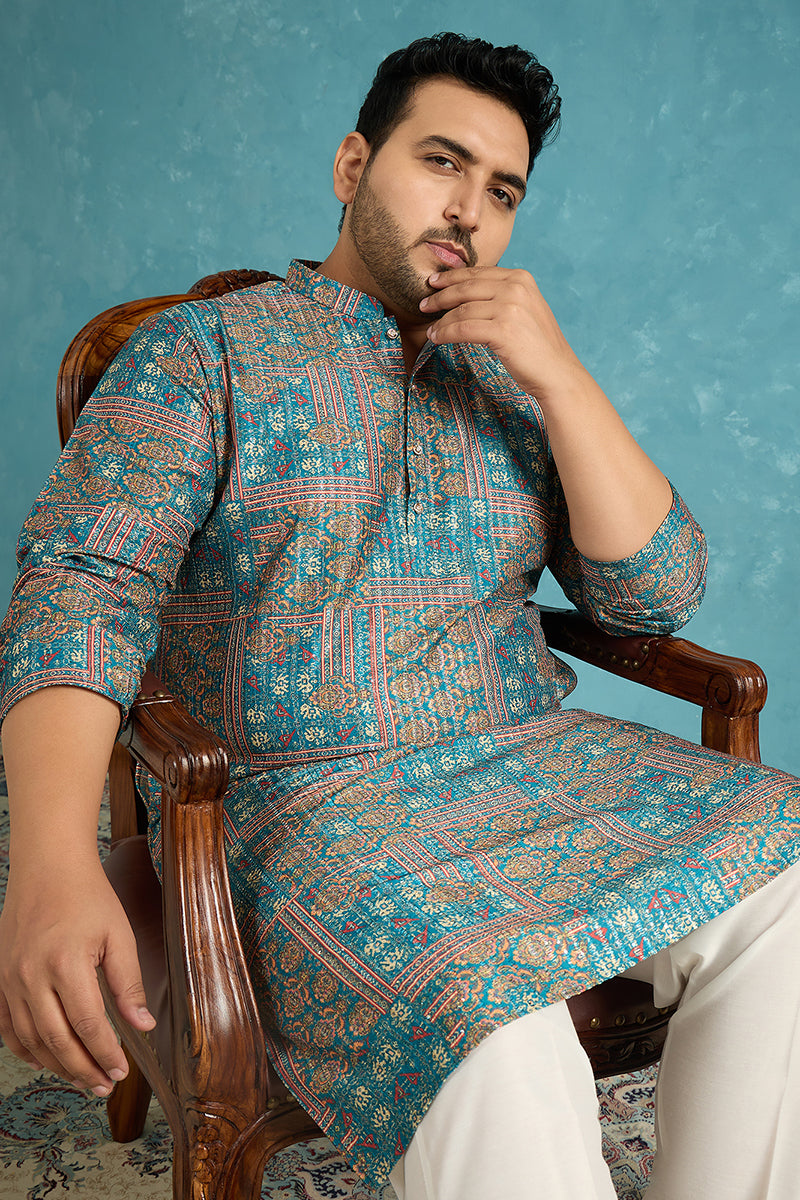 Blue Silk Blend Ethnic Motifs Printed Kurta MKU1934