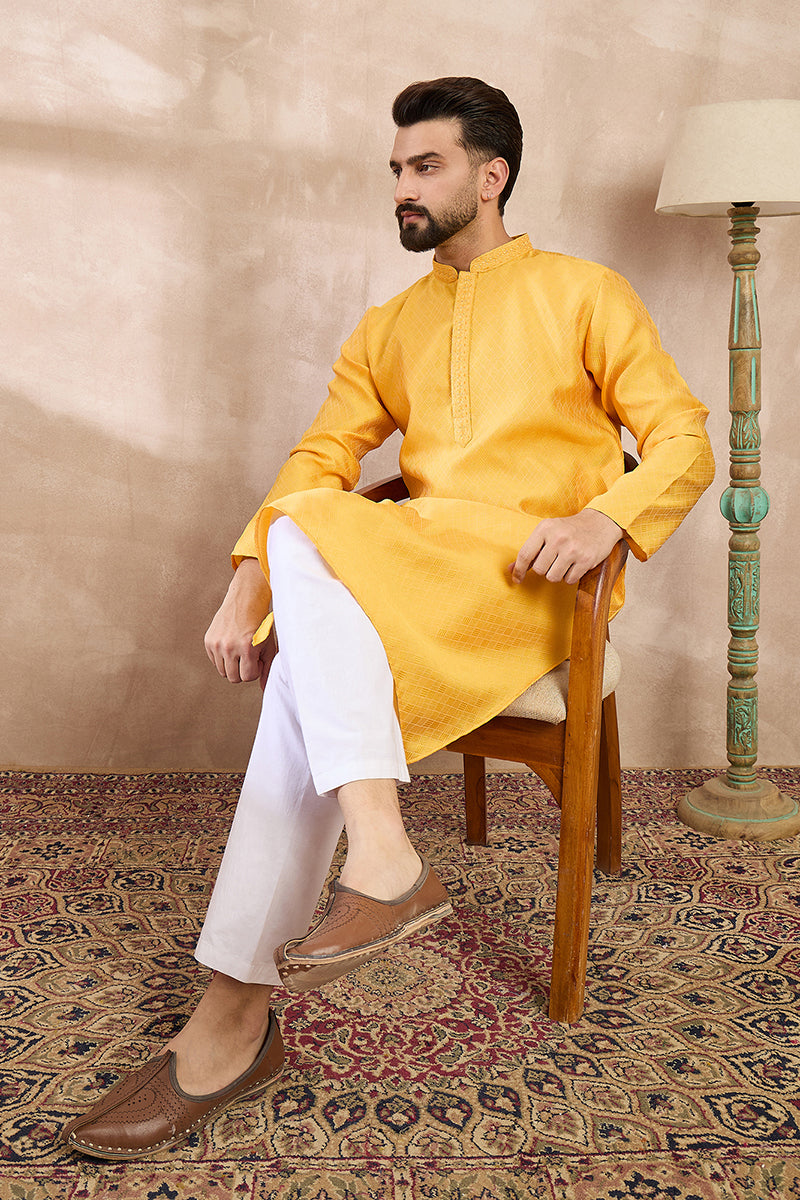 Yellow Silk Blend Solid Embroidered Straight Kurta With Trouser MKSET1737