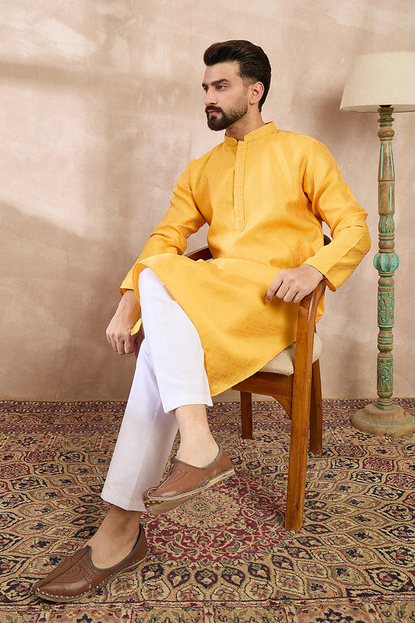 Yellow Silk Blend Solid Embroidered Straight Kurta With Trouser MKSET1737