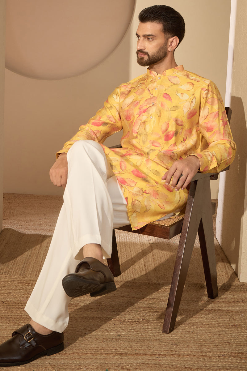 Yellow Silk Blend Floral Printed Mandarin Collar Kurta With Trouser MKSET2699