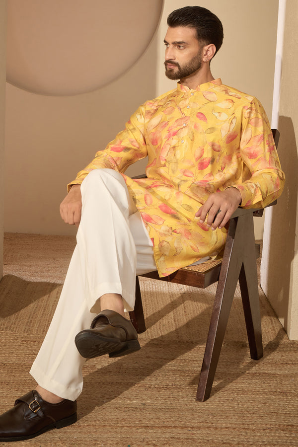 Yellow Silk Blend Floral Printed Mandarin Collar Kurta With Trouser MKSET2699