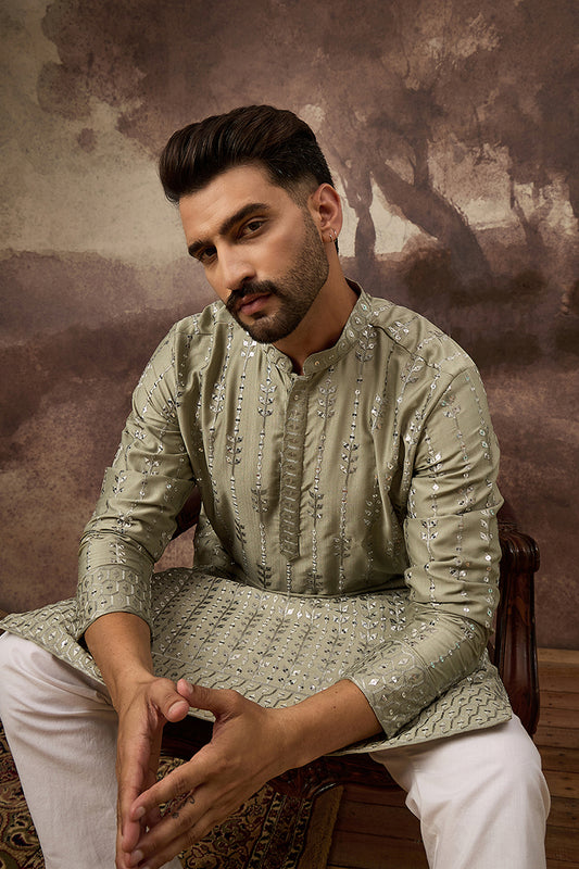 Green Silk Blend Solid Embroidered Straight Kurta With Pant Set MKSET1356