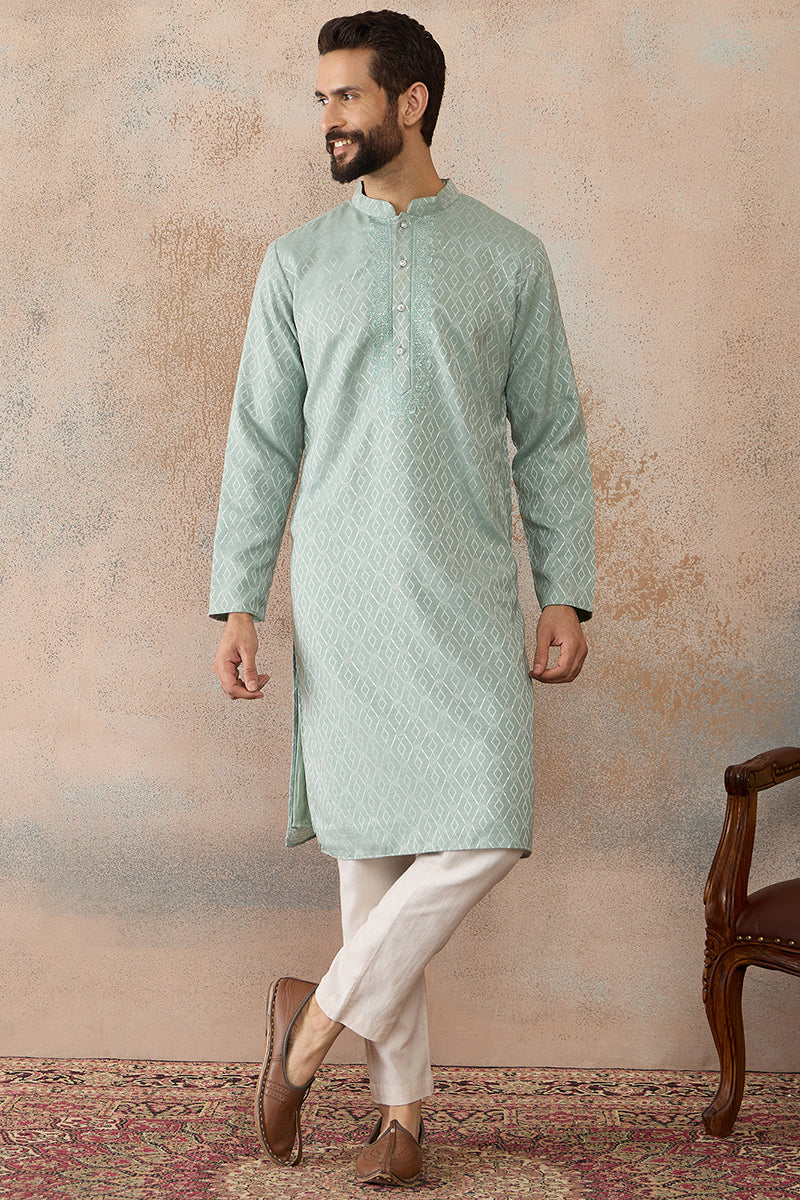 Green Linen Blend Geometric Woven Design Kurta With Trouser MKSET2365