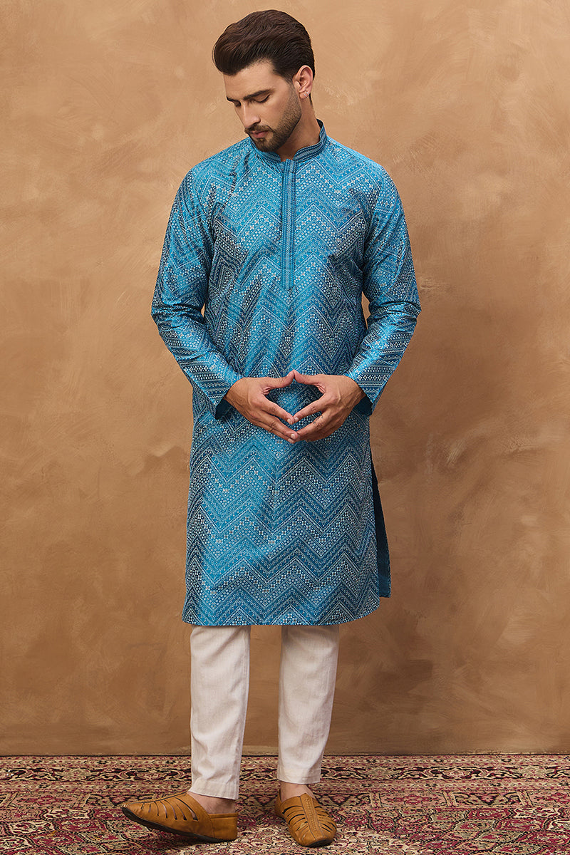 Blue Silk Blend Geometric Printed Straight Kurta With Pant Set MKSET1531