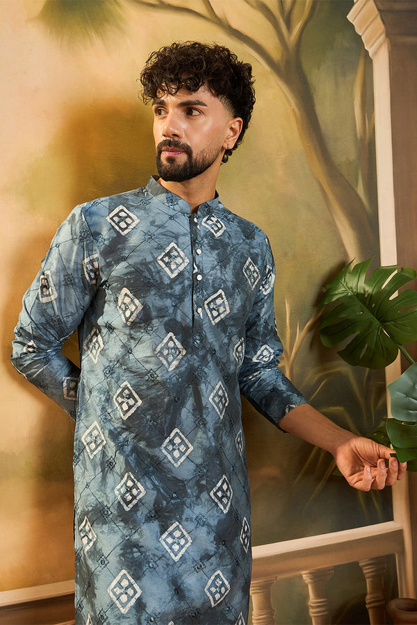 Blue Silk Blend Batik Embroidered Straight Kurta with Trouser MKSET1465