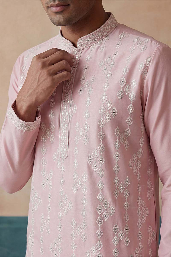 Pink Silk Blend Solid Embroidered Kurta With Trousers MKSET2088