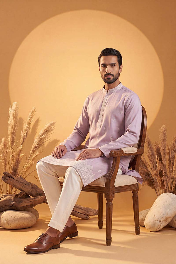 Lavender Silk Blend Solid Embroidered Kurta MKU2269