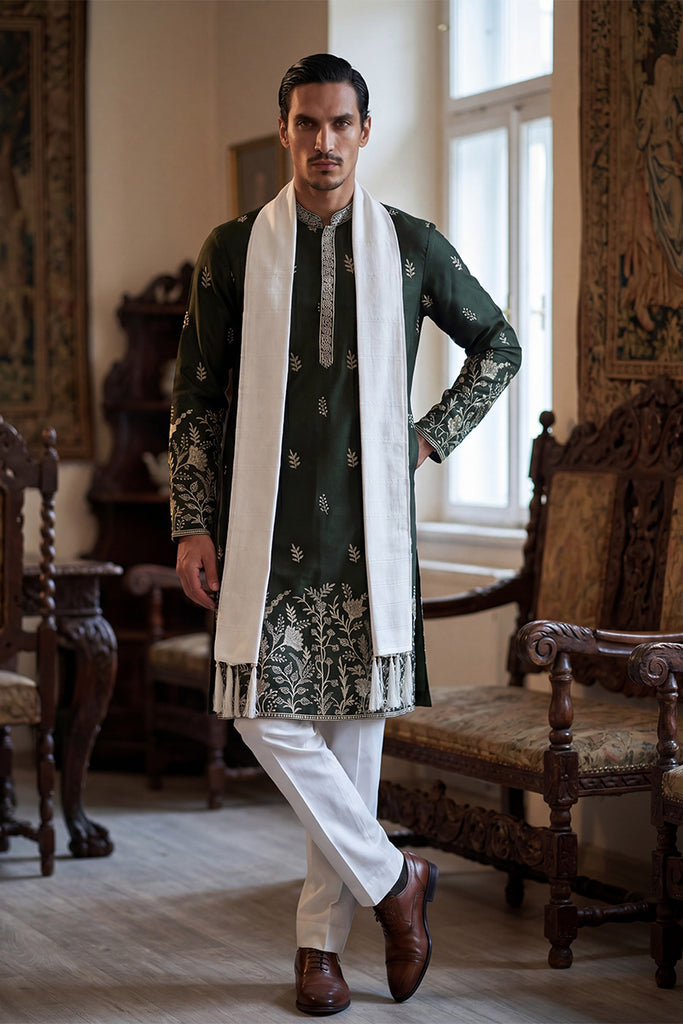 Olive Chanderi Silk Solid Embroidered Straight Kurta with Dupatta MKUD1319