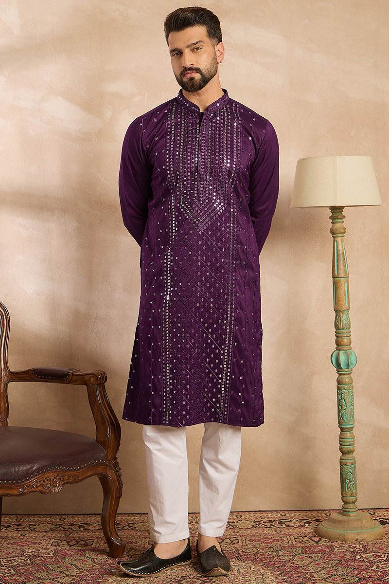 Purple Silk Blend Geometric Embroidered Straight Kurta With Trouser MKSET1687