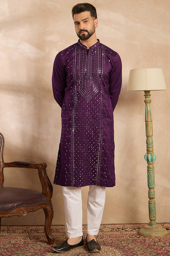 Purple Silk Blend Geometric Embroidered Straight Kurta With Trouser MKSET1687