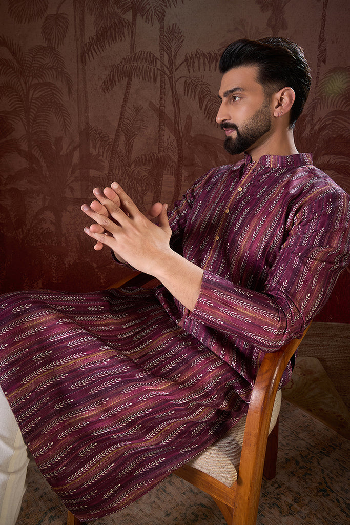 Purple Silk Blend Striped Printed Straight Kurta With Trouser MKSET1905