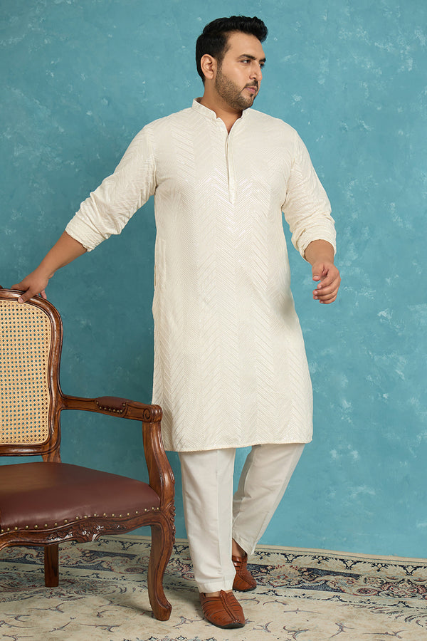 Off White Viscose Rayon Solid Sequins Embroidered Kurta MKU1102
