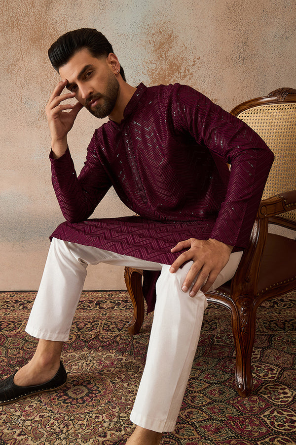 Purple Rayon Embroidered Solid Straight Kurta With Trousers MKSET2187