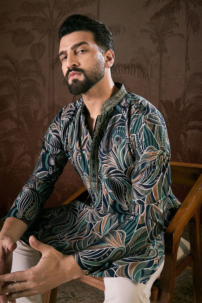 Navy Blue Silk Blend Abstract Printed Straight Kurta With Trouser MKSET1958