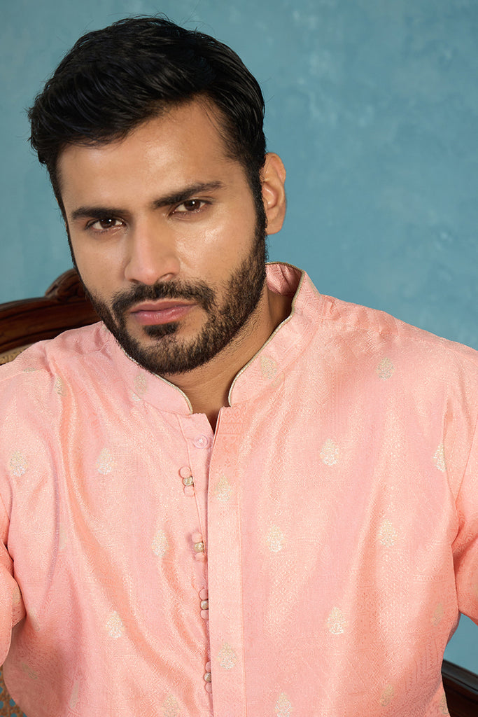 Pink Jacquard Ethnic Motifs Woven Design Kurta With Trouser MKSET2394