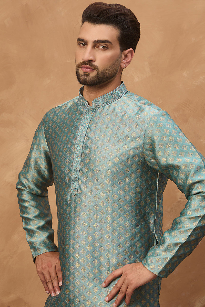 Blue Silk Blend Solid Woven Design Straight Kurta MKU1457