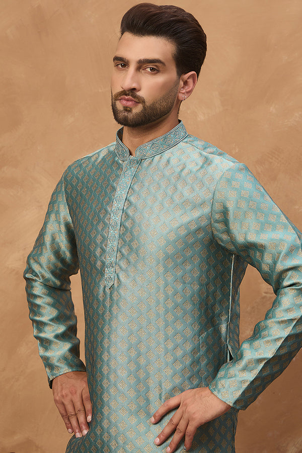 Blue Silk Blend Solid Woven Design Straight Kurta MKU1457