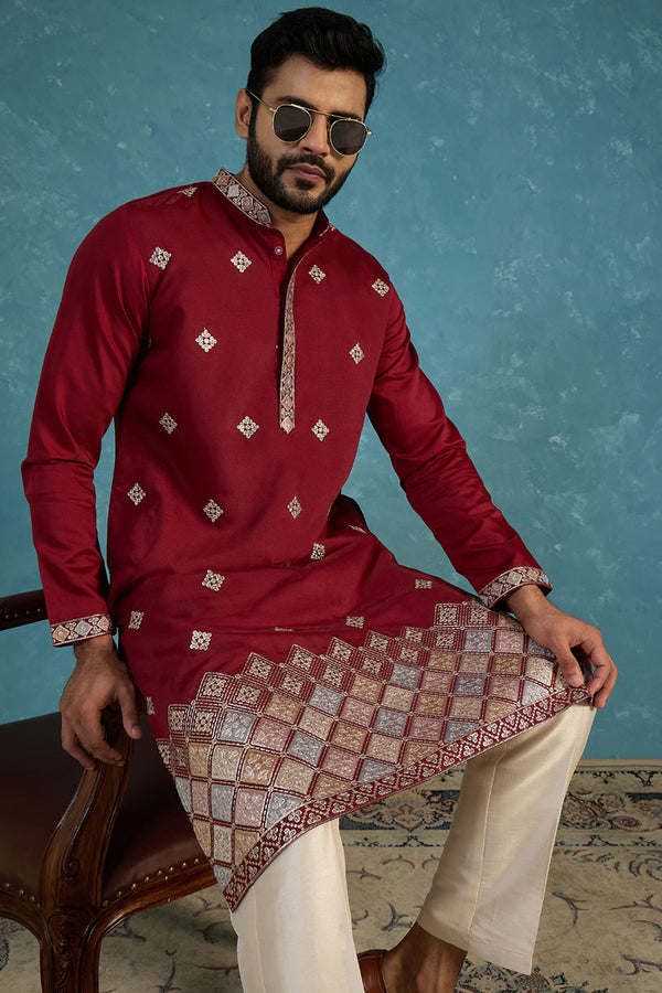 Silk Blend Maroon Solid Embroidered Calf Length Straight Kurta MKU2100