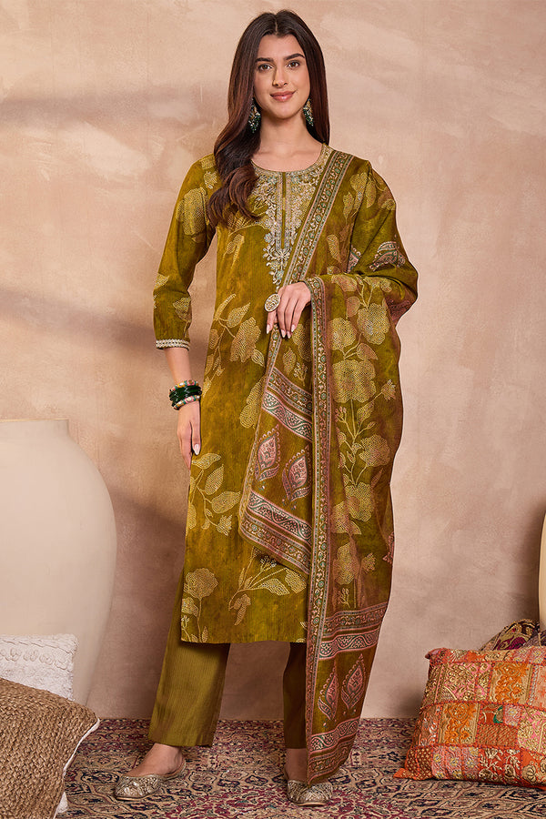 Green Silk Blend Floral Printed Straight Kurta Trouser With Dupatta PKSKD3209