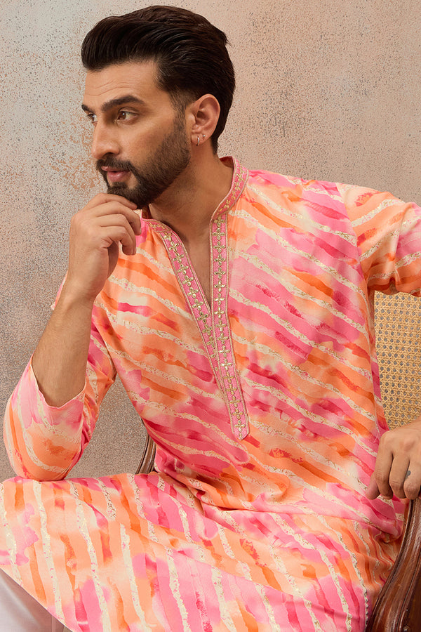 Pink Viscose Rayon Leheriya Printed Kurta With Trouser MKSET2754