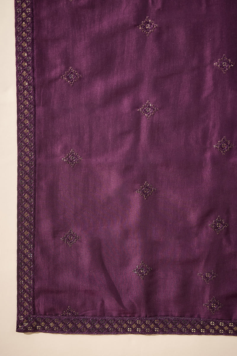 Violet Silk Blend Solid Embroidered Mandarin Collar Kurta & Trouser With Dupatta MKPD1078