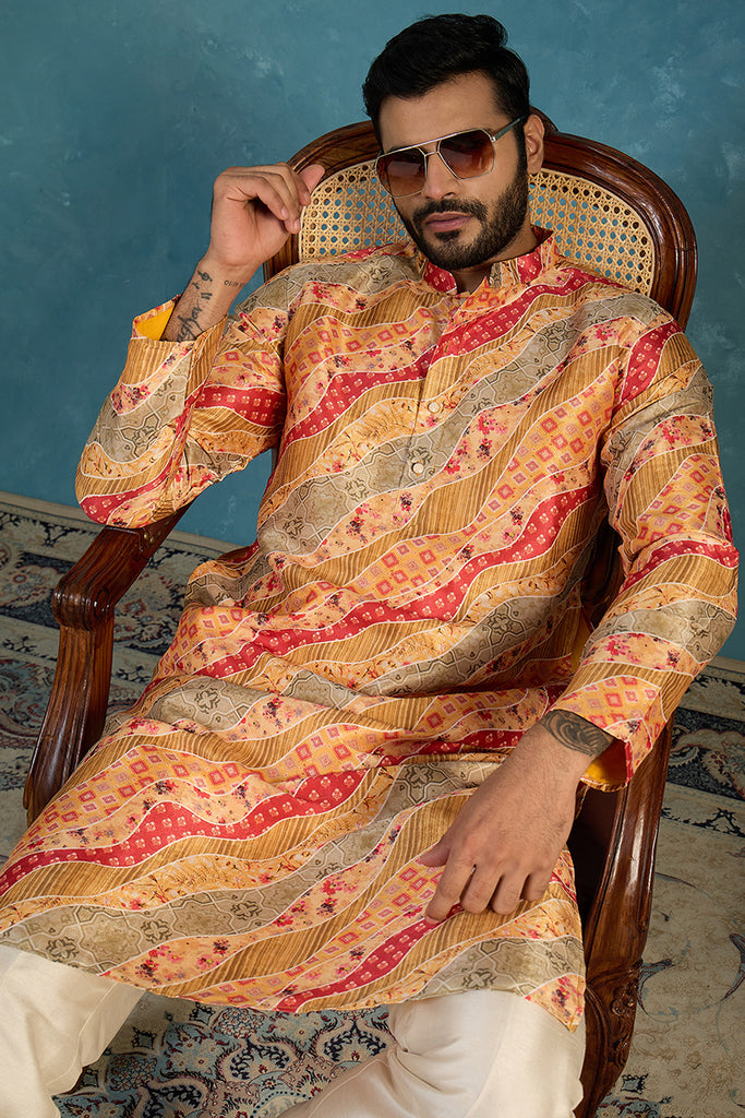 Yellow Silk Blend Printed Straight Kurta With Trousers MKSET2168