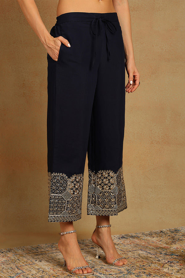 Navy Blue Silk Blend Solid Embroidered Straight Suit Set PKSKD2249