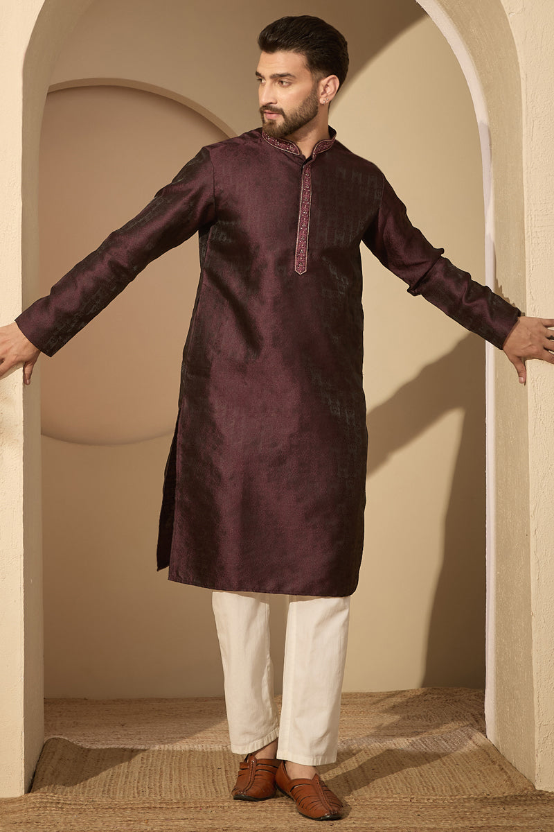 Purple Jacquard Solid Embroidered Mandarin Collar Kurta With Trouser MKSET2753
