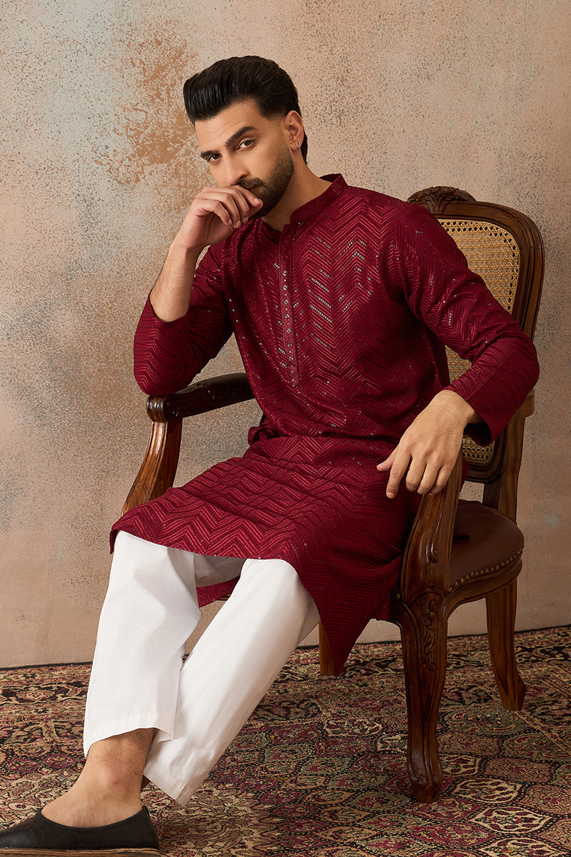 Maroon Rayon Embroidered Solid Straight Kurta With Trousers MKSET2188