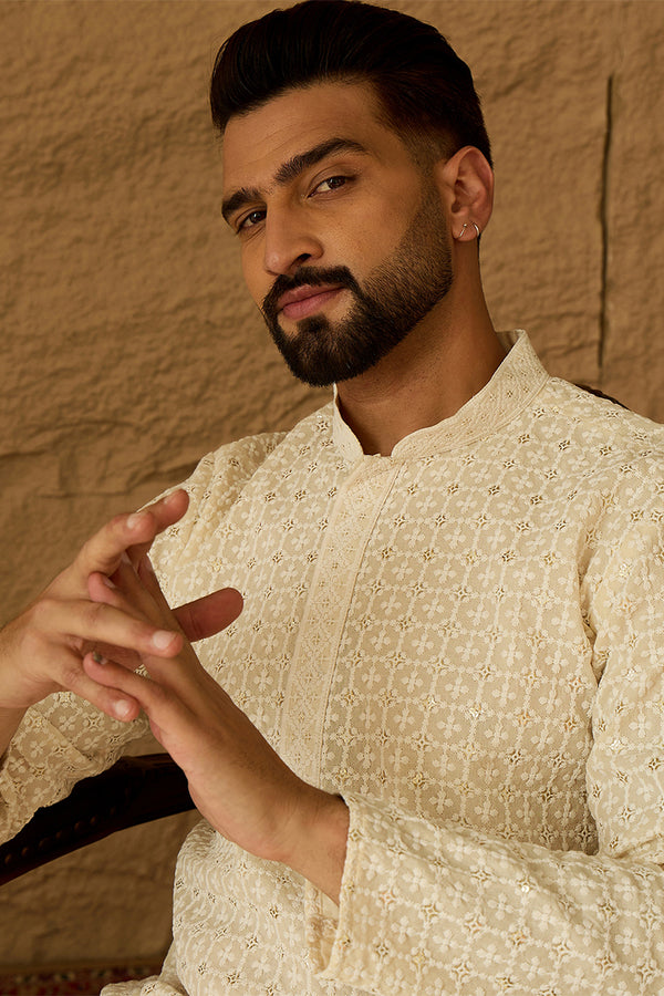 Off White Cotton Solid Printed Straight Kurta MKU1701