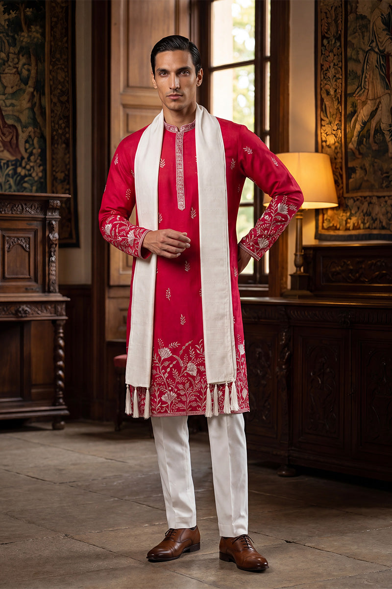 Pink Silk Blend Solid Embroidered Straight Kurta with Dupatta MKUD1943