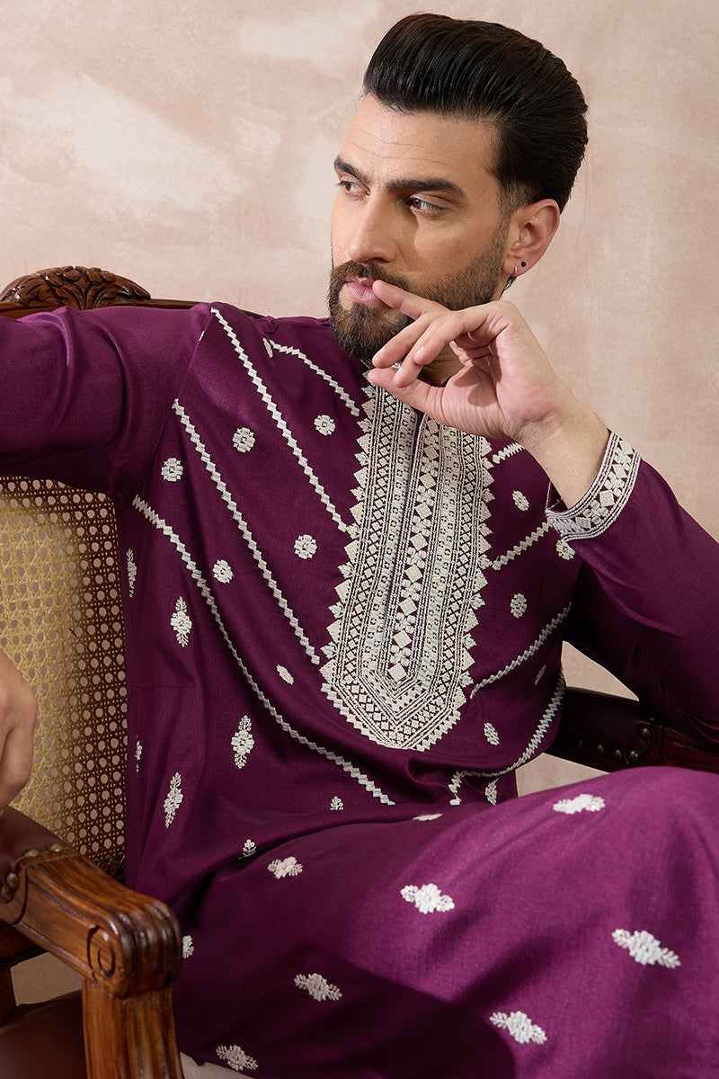 Purple Silk Blend Embroidered Mandarin Collar Straight Kurta With Trouser MKSET1789
