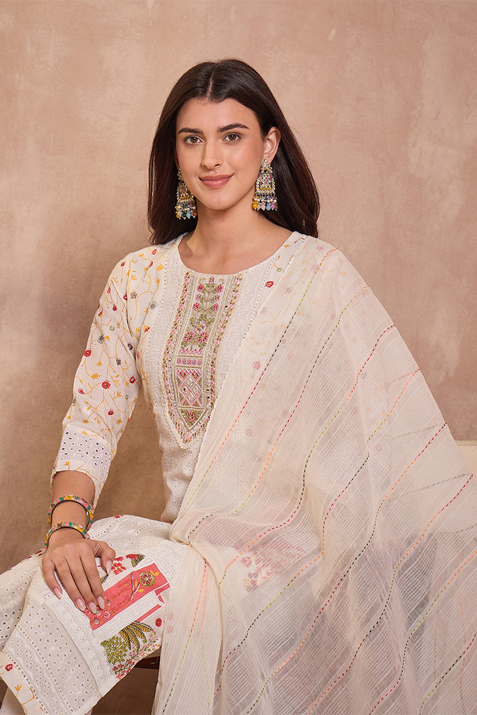 Cream Pure Cotton Ethnic Motifs Printed Straight Kurta Trousers With Dupatta PKSKD3192