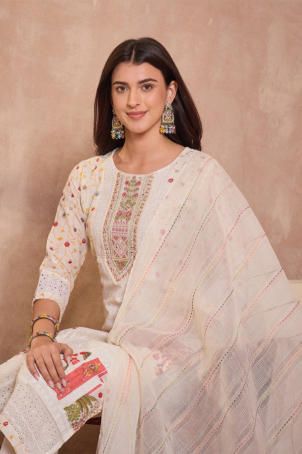 Cream Pure Cotton Ethnic Motifs Printed Straight Kurta Trousers With Dupatta PKSKD3192