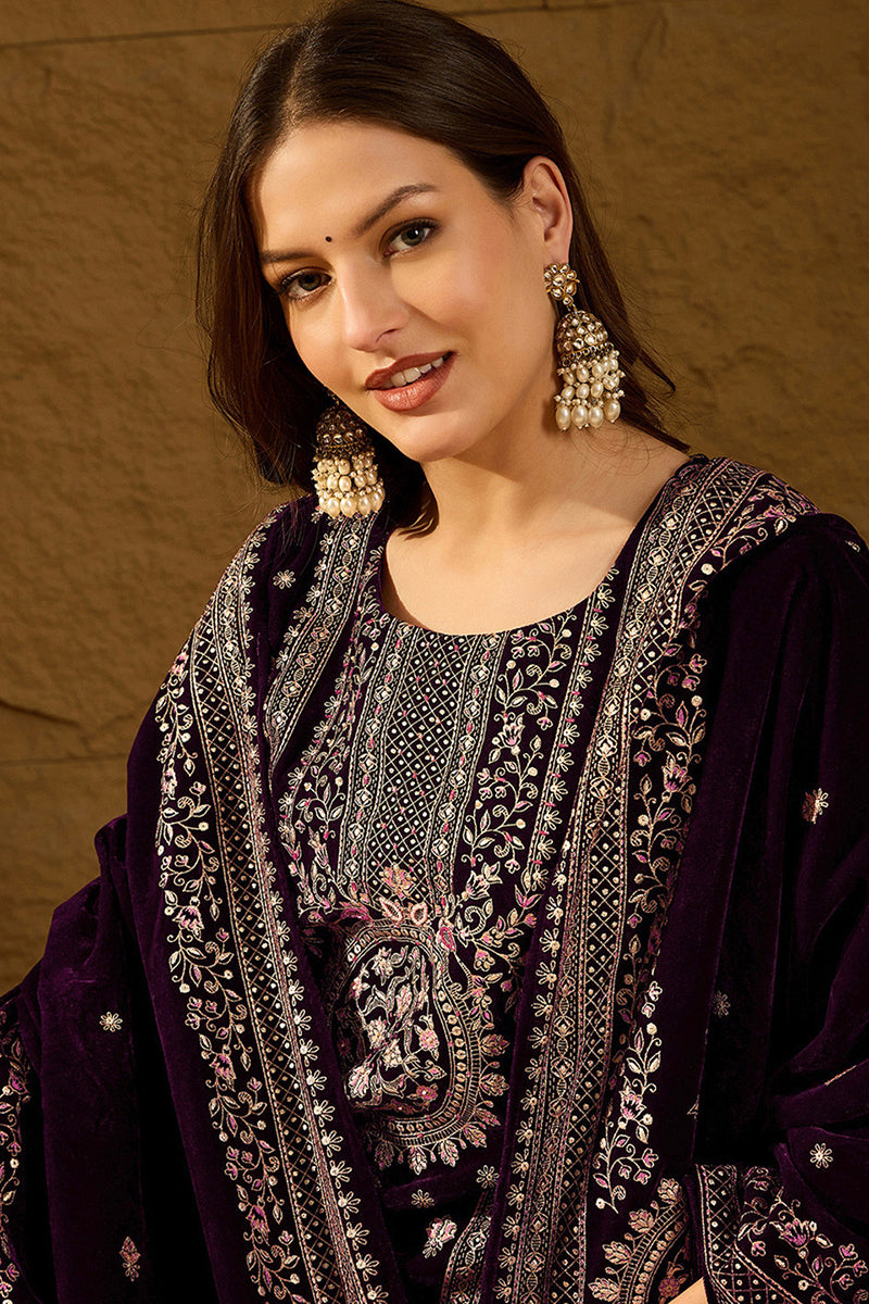 Purple Velvet Ethnic Motifs Printed Straight Trousers Suit Set PKSKD2883