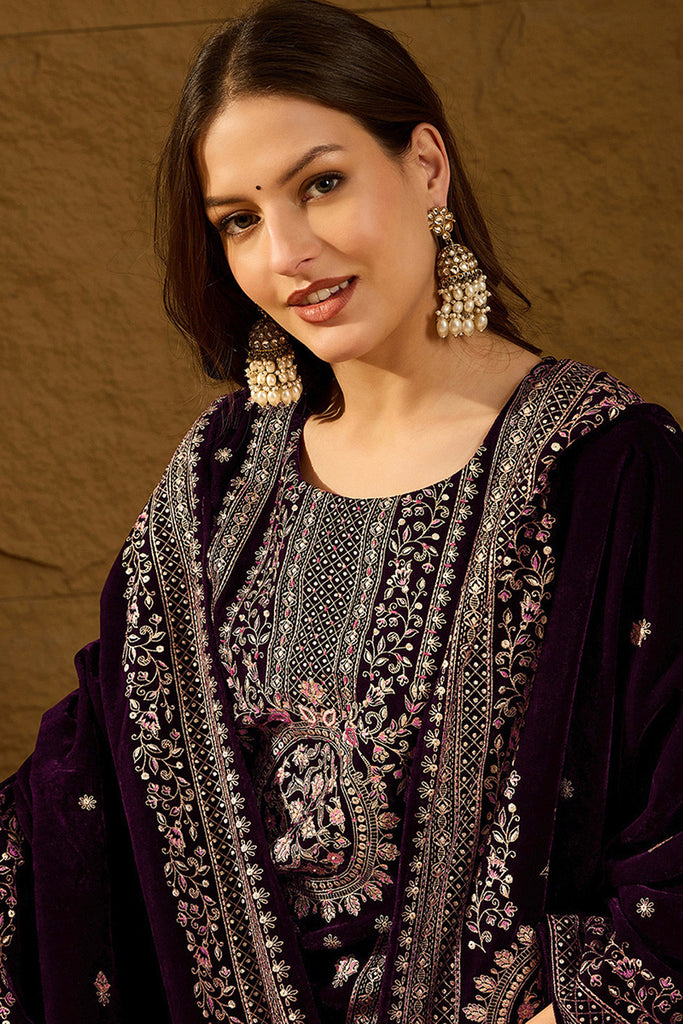 Purple Velvet Ethnic Motifs Printed Straight Trousers Suit Set PKSKD2883