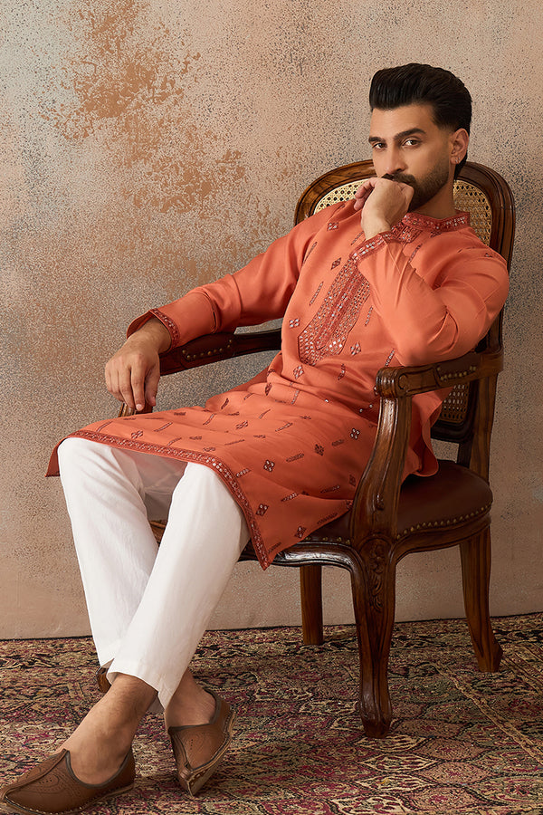 Orange Silk Blend Solid Embroidered Kurta MKU2258