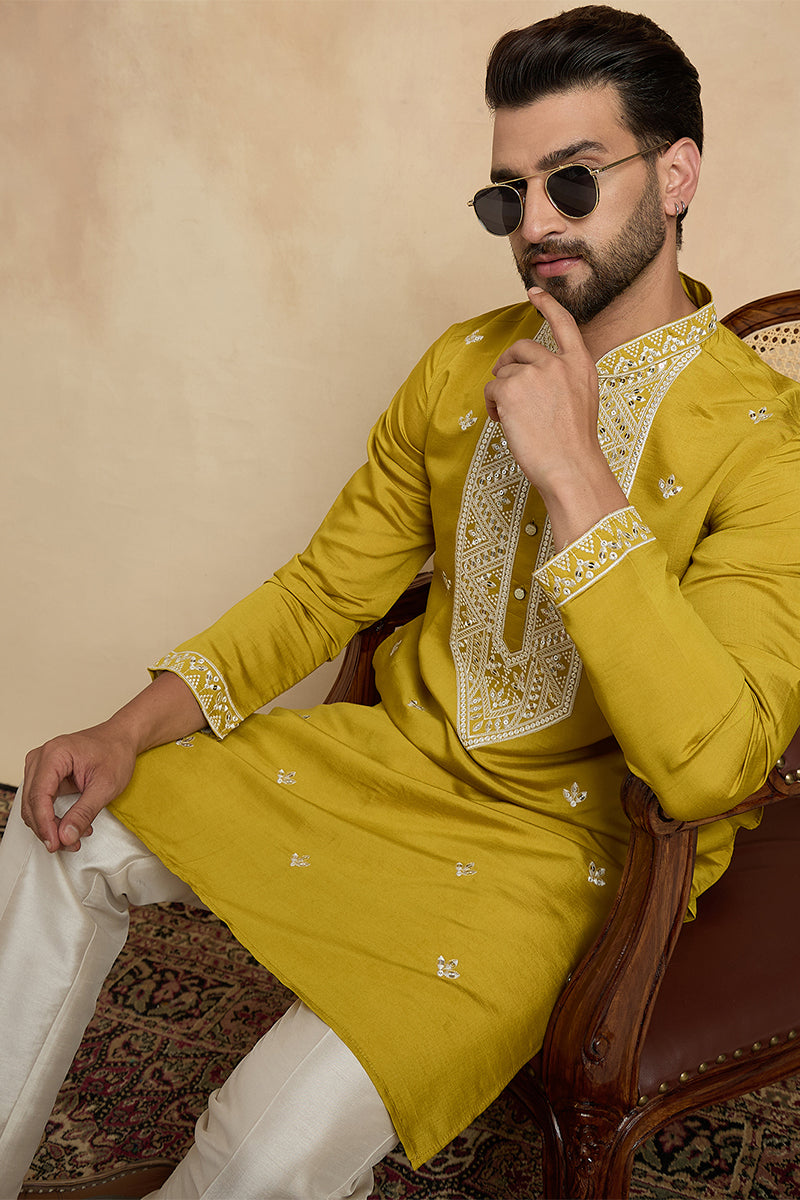 Yellow Silk Blend Solid Embroidered Kurta With Trouser MKSET2412