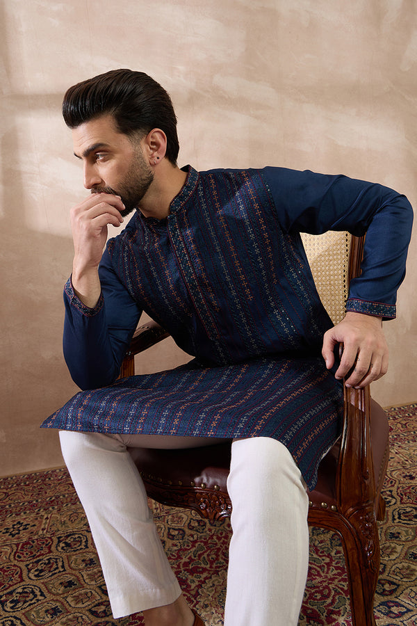 Navy Blue Silk Blend Embroidered Mandarin Collar Straight Kurta MKU2040