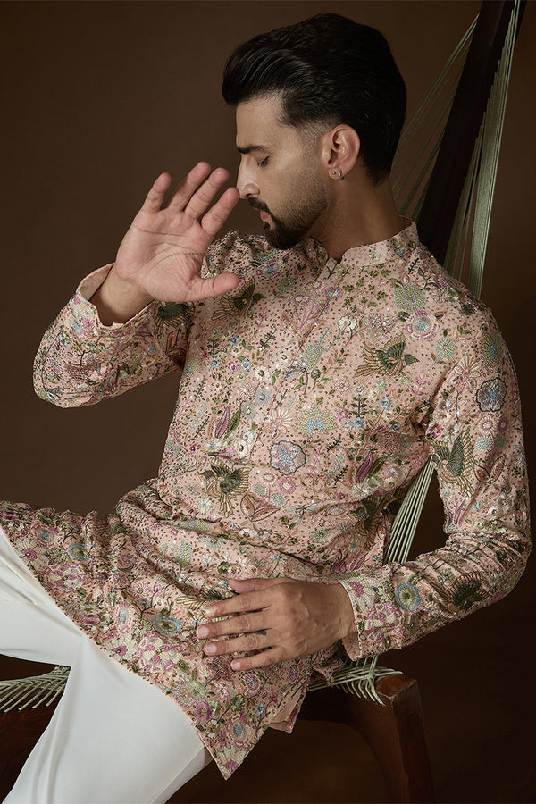 Peach Georgette Solid Embroidered Kurta MKU2726