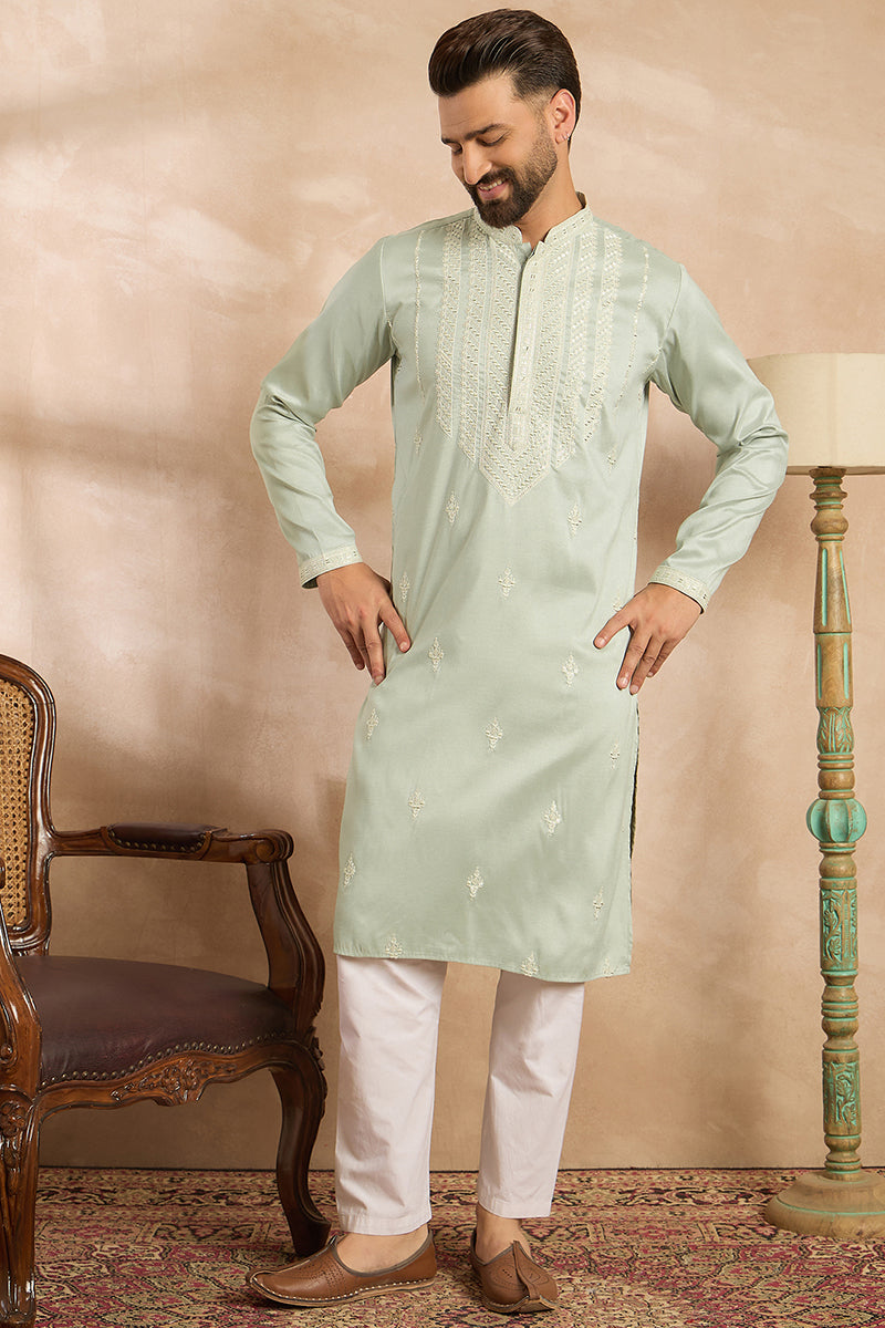 Green Silk Blend Geometric Embroidered Straight Kurta With Trouser MKSET1686