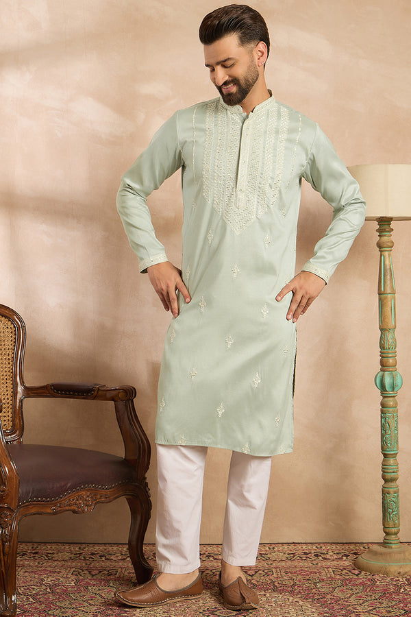 Green Silk Blend Geometric Embroidered Straight Kurta With Trouser MKSET1686