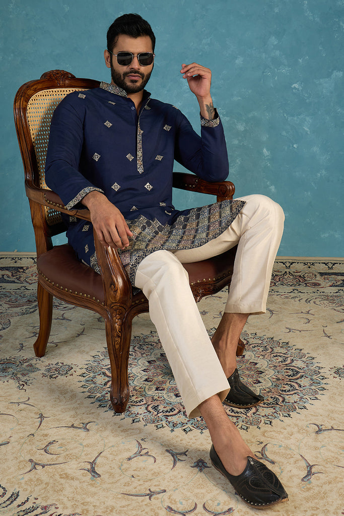 Silk Blend Blue Solid Embroidered Calf Length Straight Kurta With Trousers MKSET2099