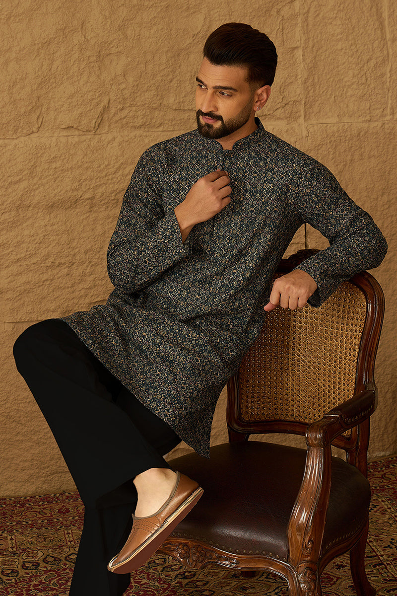 Navy Blue Viscose Rayon Geometric Printed Straight Kurta with Trouser MKSET1609