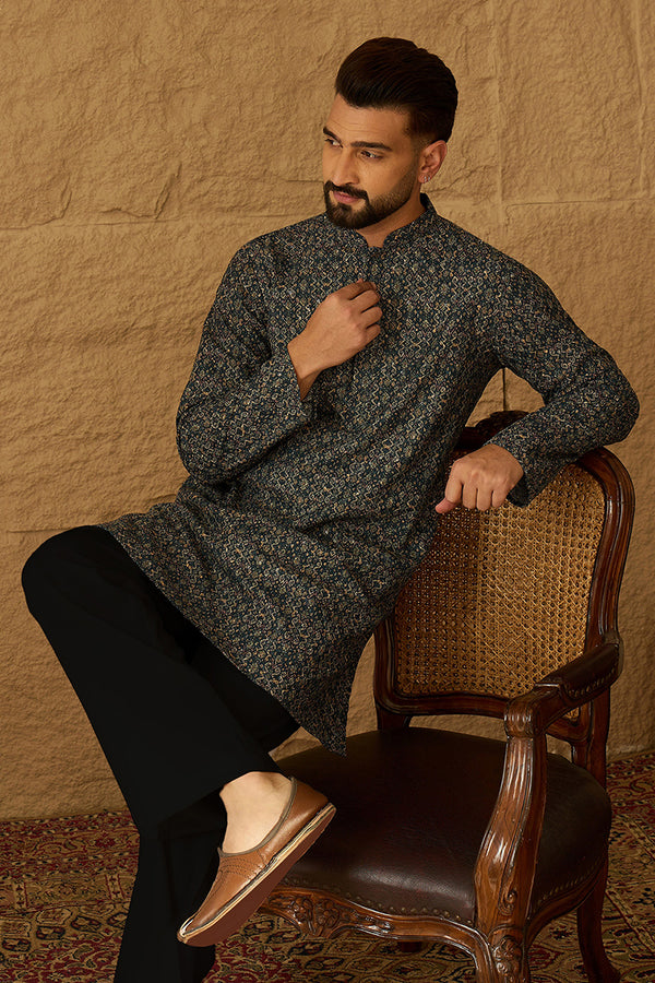 Navy Blue Viscose Rayon Geometric Printed Straight Kurta with Trouser MKSET1609